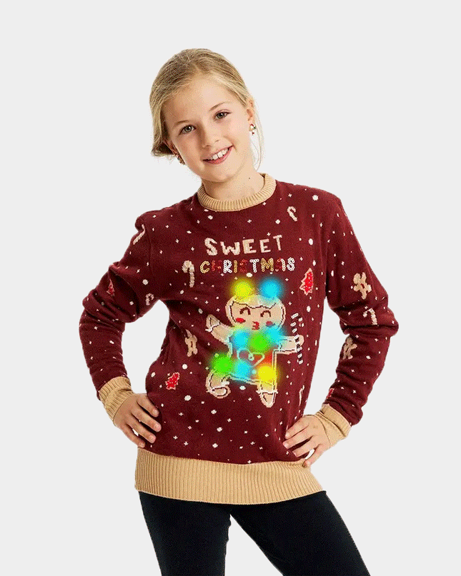Kids Christmas Sweater Red with Light-Up Gingerbread