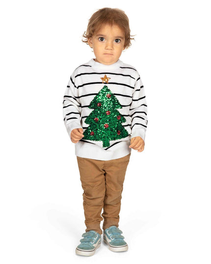 Toddler Boy's White Striped Tree Sweater