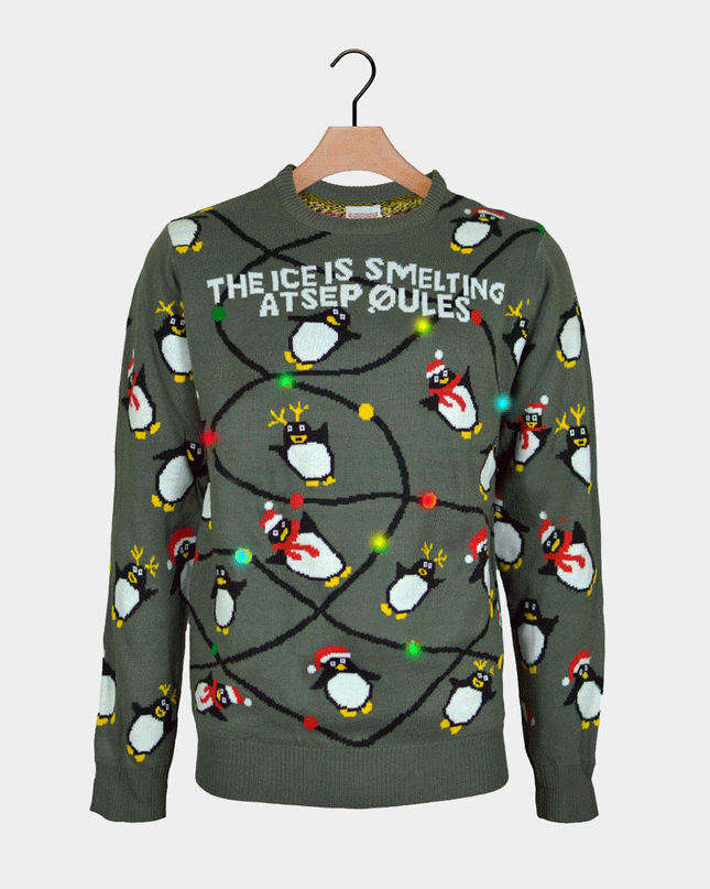 Women's LED Light Up Gray Christmas Sweater with Penguins