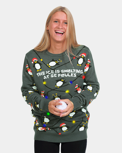 LED Christmas Sweater for Family with Gray Penguins