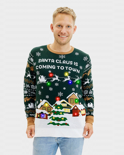 Santa Claus Is Coming To Town LED Green Sweater for Men