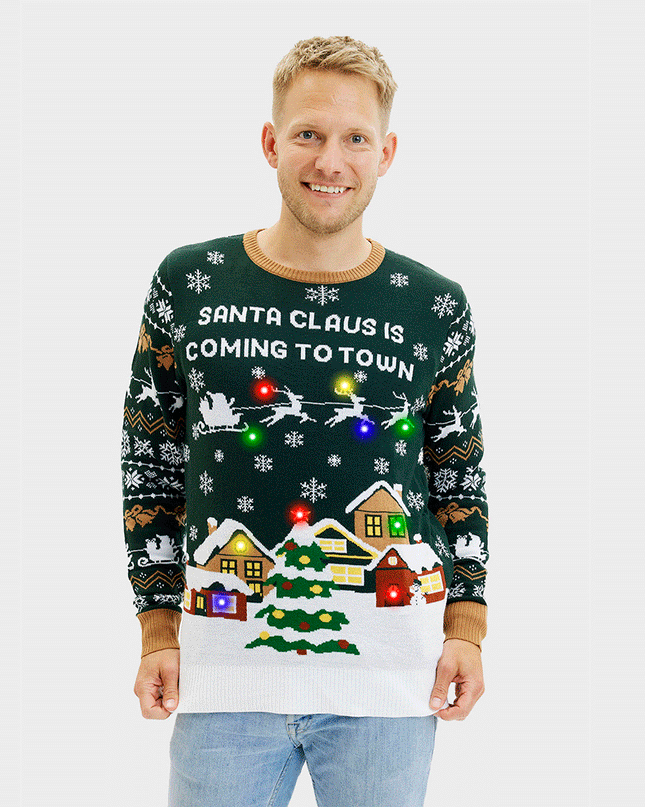 Santa Claus Is Coming To Town LED Green Sweater for Men