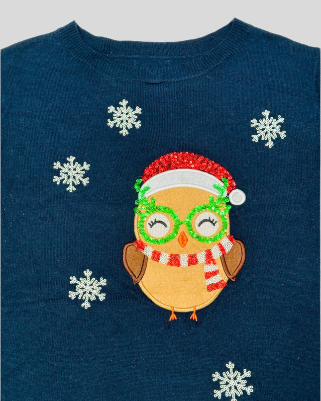 Vintage Christmas Sweater Sequin Owl Family Holiday Apparel