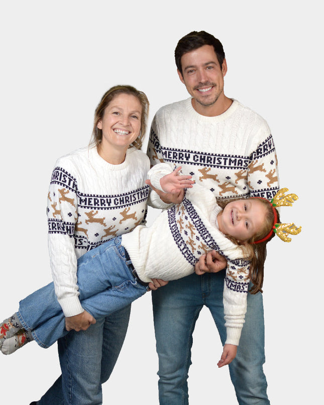 Chic White Family Christmas Sweater with Reindeer in Cotton