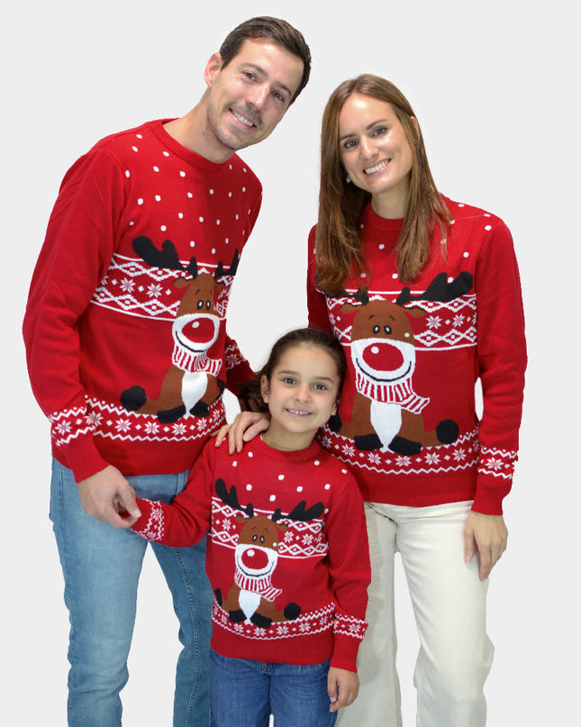 Red Rudolph Reindeer Christmas Sweater with Scarf for Family