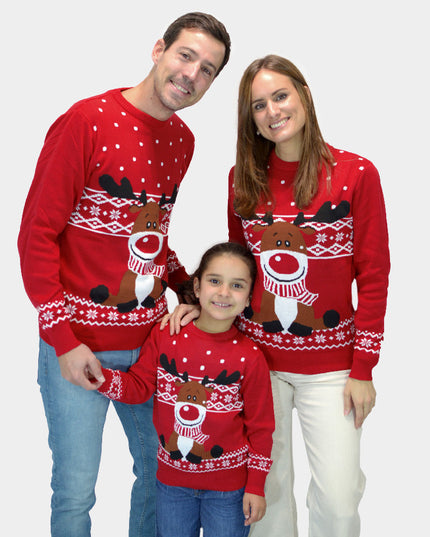 Jersey de Navidad Rojo para la Familia con Bufanda de Rudolph el Reno