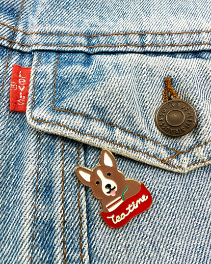 Tea Time Corgi Enamel Pin Badge