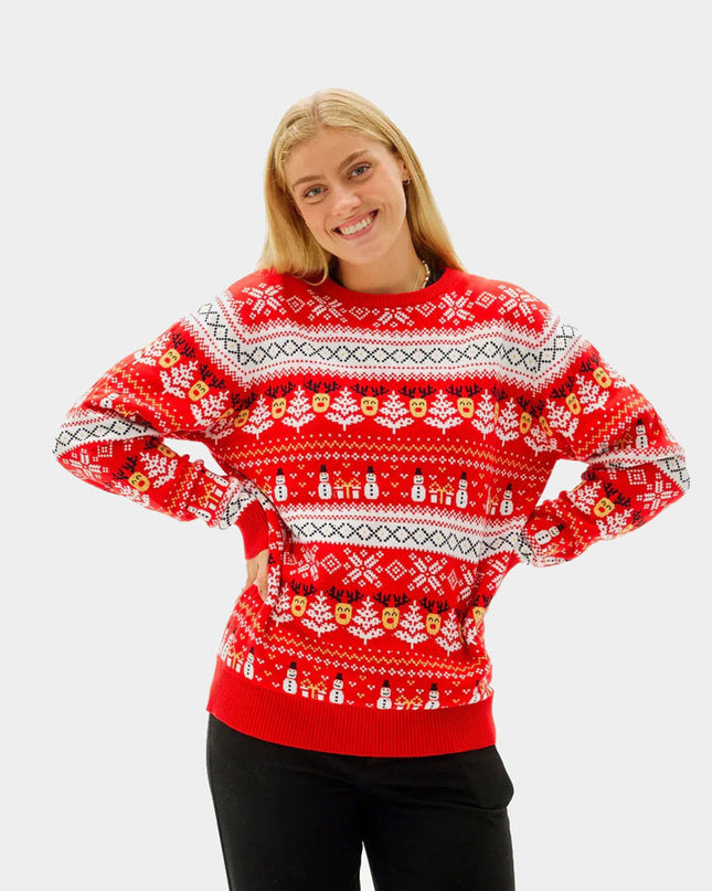 Women's Red Christmas Sweater with Snowmen and Christmas Trees