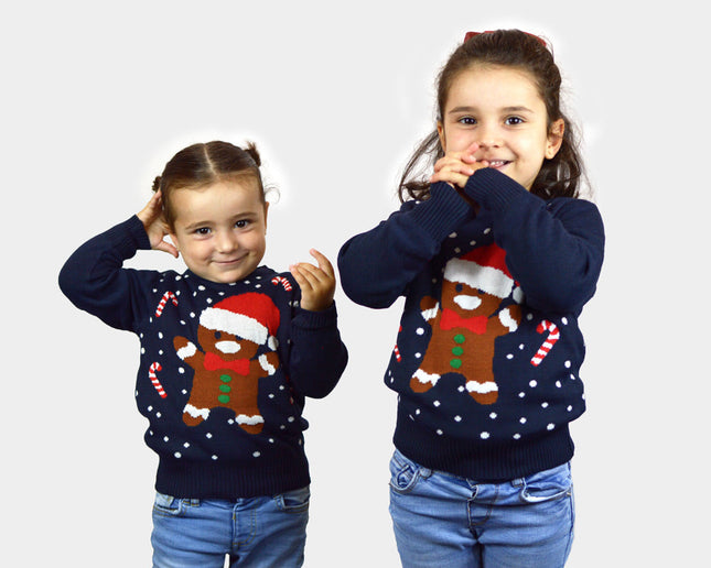 Kids Christmas Sweater Blue Gingerbread Design