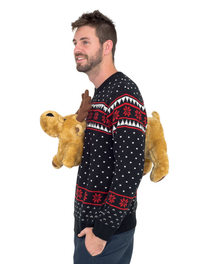 Jersey Feo Navideño 3D Negro con Alce de Peluche
