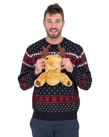 Jersey Feo Navideño 3D Negro con Alce de Peluche
