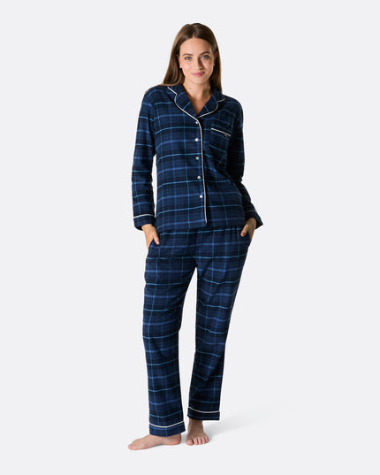 Pijamas navideños azules de franela para mujeres