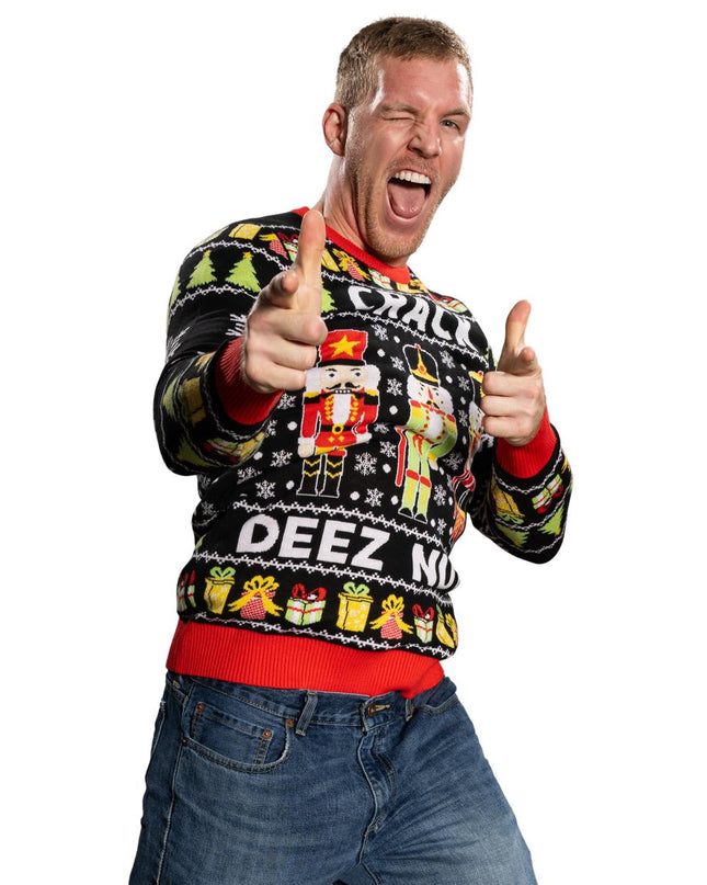 Crack Deez Nuts Nutcracker Santa Knitted Ugly Christmas Sweater