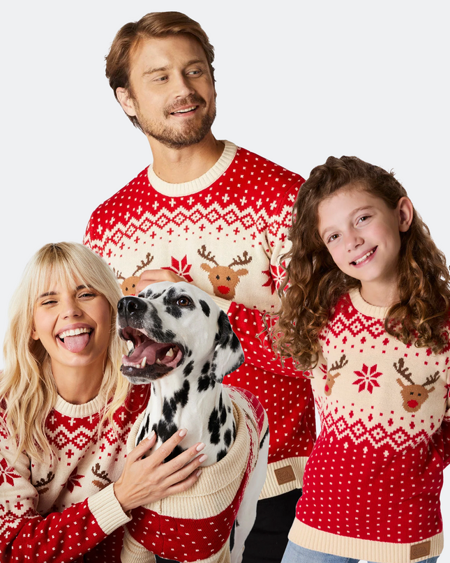 Matching Family Christmas Sweaters - Red Retro Reindeer