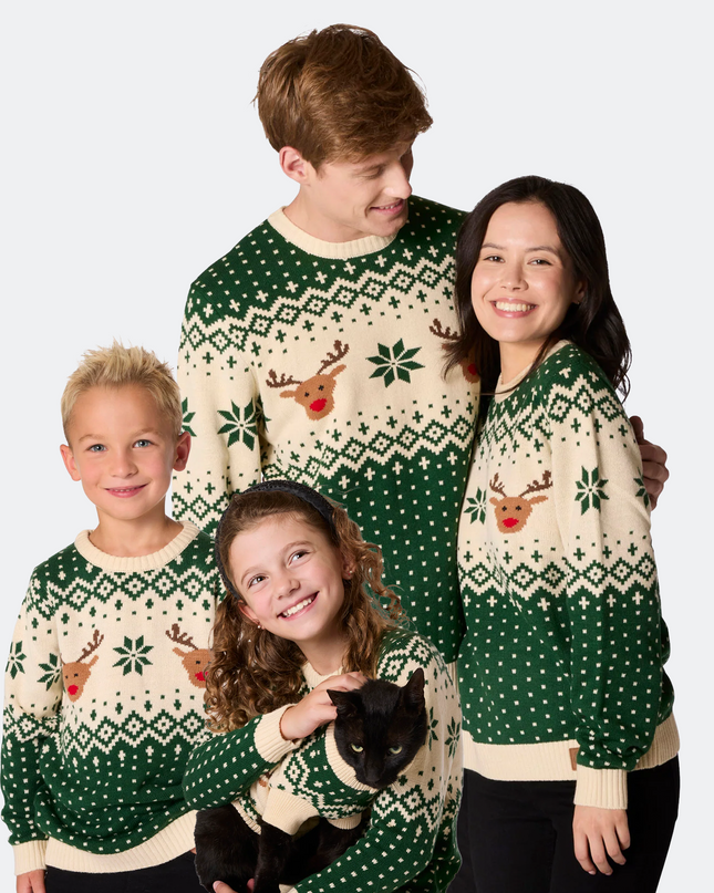 Matching Family Christmas Sweaters - Green Retro Reindeer