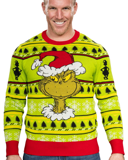 Suéter feo de Navidad corona de sombrero de Santa cabeza de Grinch