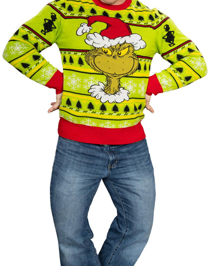 Suéter feo de Navidad corona de sombrero de Santa cabeza de Grinch