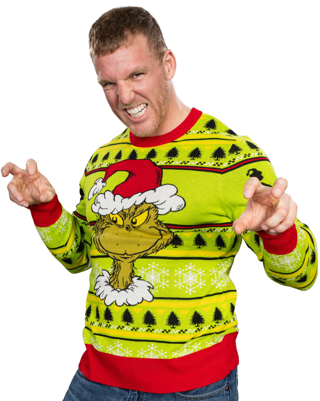 Grinch Head Santa Hat Wreath Ugly Christmas Sweater