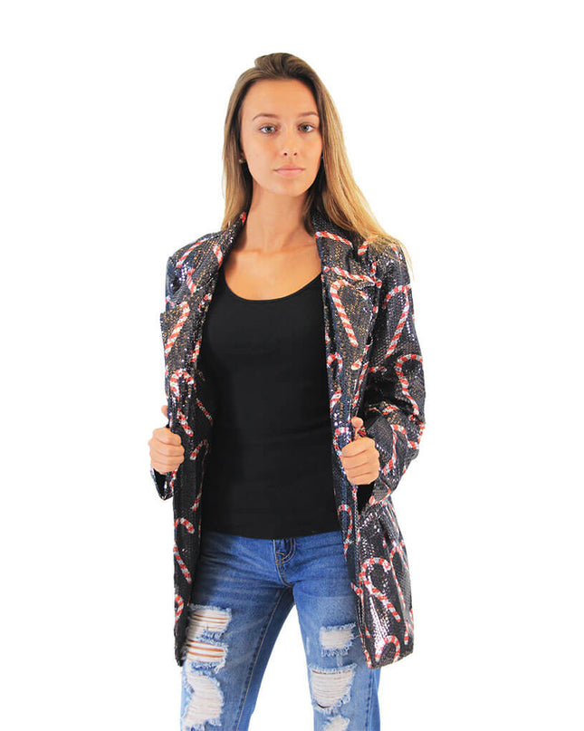 Women's Sequin Candy Cane Ugly Blazer Jacket