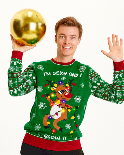 "Sexy og Jeg Lyser Op" Grøn Sweater til Mænd - Lysende Sjov