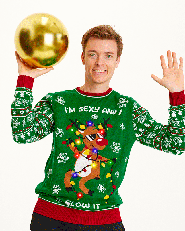 "Sexy and I Glow It" Green Sweater for Men - Light-Up Fun