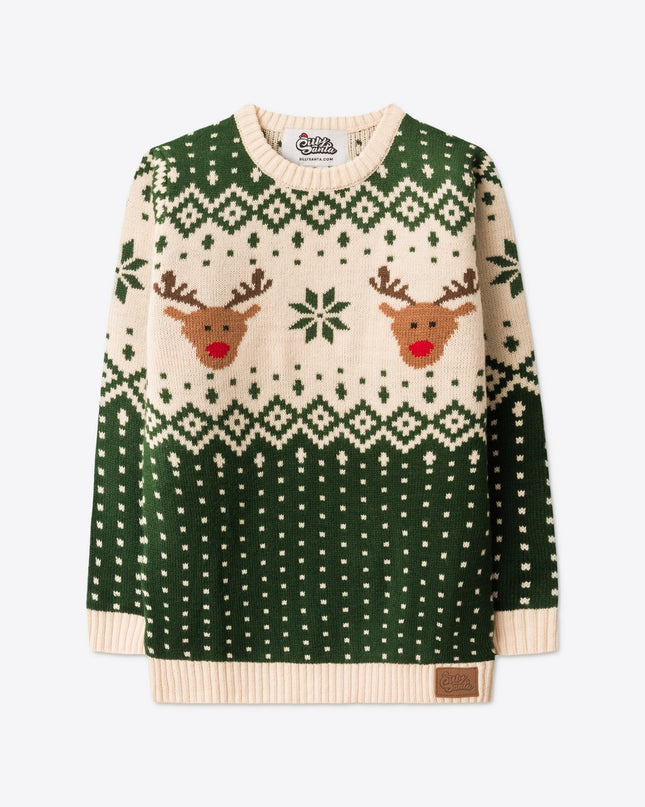 Kids' Retro Reindeer Green Christmas Sweater