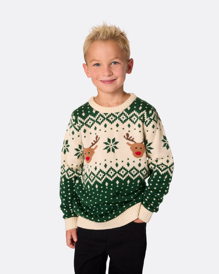 Kids' Retro Reindeer Green Christmas Sweater