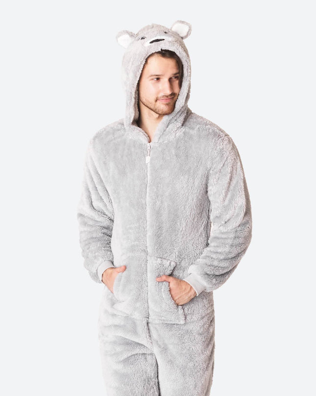 Men's Grey Teddy Bear Onesie for All-Year Comfort