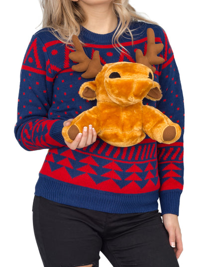 Women's Navy 3D Moose Ugly Christmas Sweater