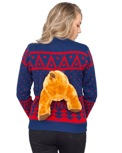 Women's Navy 3D Moose Ugly Christmas Sweater