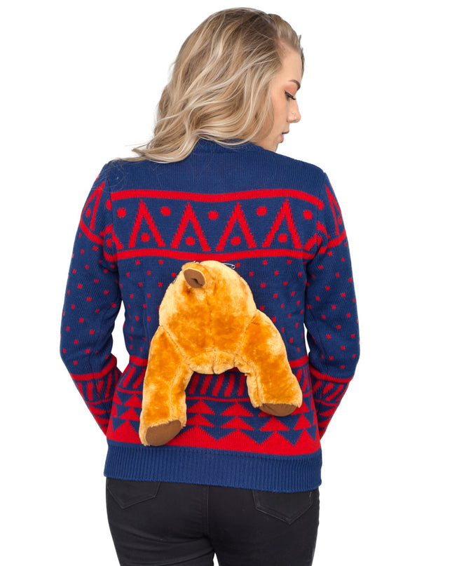 Women's Navy 3D Moose Ugly Christmas Sweater