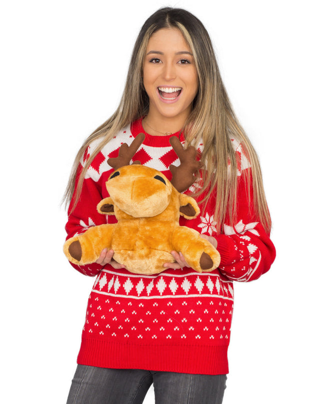 Women's Red 3D Moose Ugly Christmas Sweater