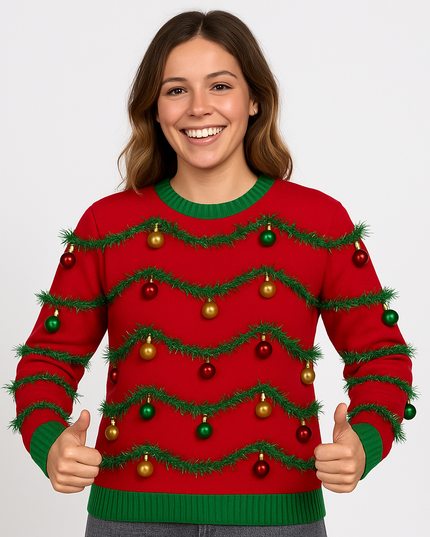 Red 3D Garland and Ornament Ugly Christmas Sweater