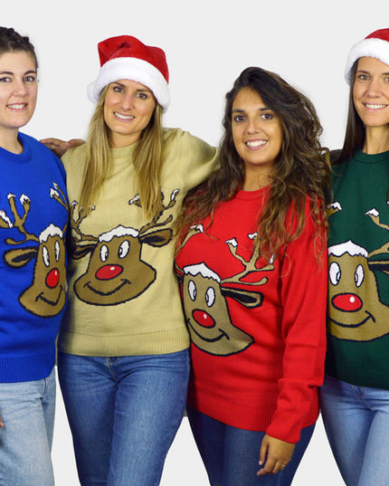 Blue Christmas Sweater with Smiling Reindeer | Outlet Sale