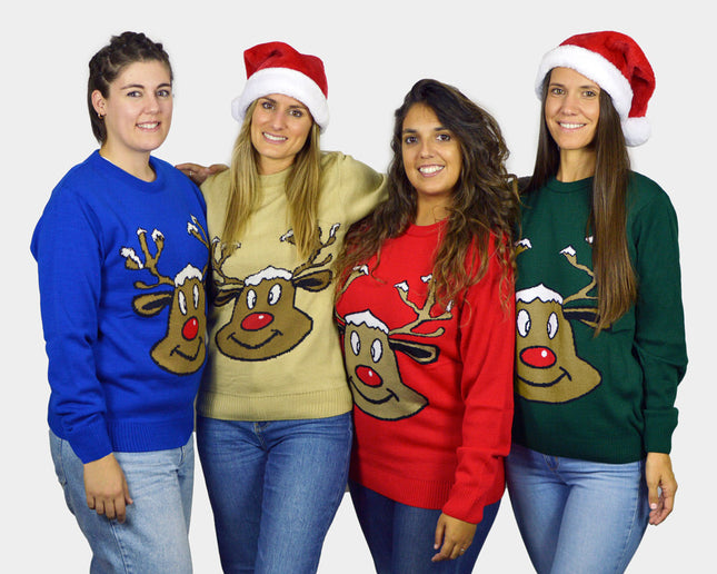 Blue Christmas Sweater with Smiling Reindeer | Outlet Sale