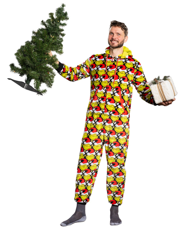 Grinch with Santa Hat Pajama Jumpsuit for Men and Women