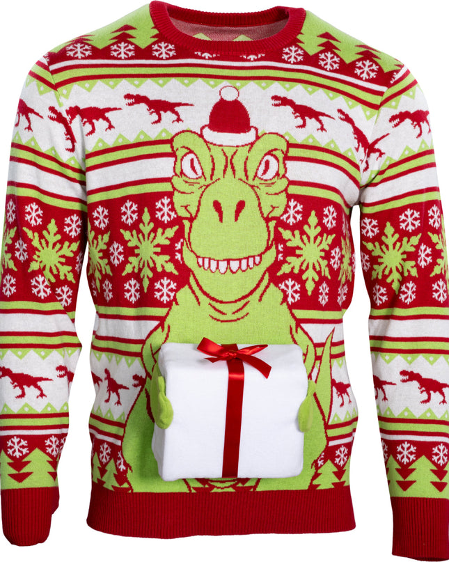 T-Rex Santa Hat 3D Flappy Present Ugly Christmas Sweater