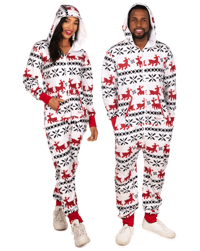 Matching Red and White Reindeer Couples Jumpsuits