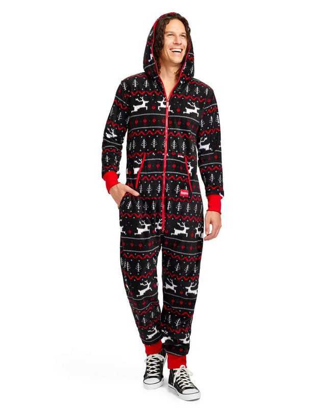Men's Black and Red Fair Isle Jumpsuit