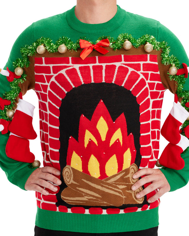 Herres Festive Fireplace Light Up Ugly Juletrøje