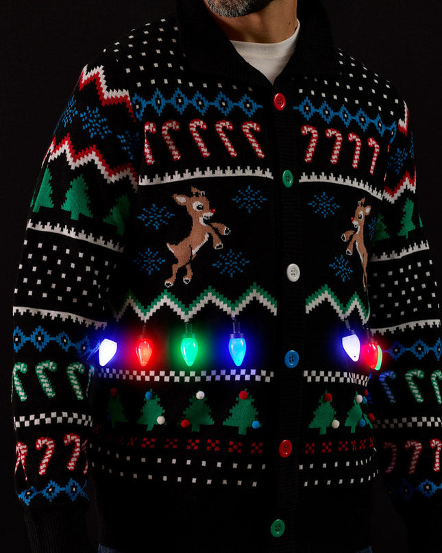 Men's Fair Isle Rudolph Light Up Christmas Cardigan Sweater
