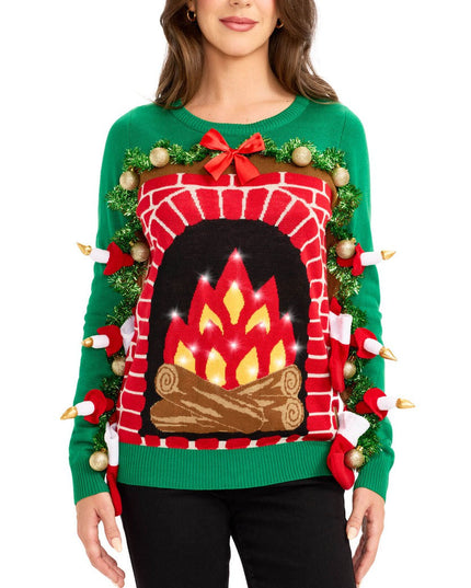 Women's Festive Fireplace Light Up Ugly Christmas Sweater