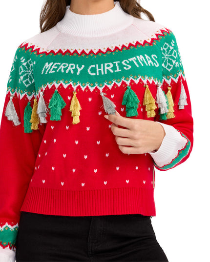 Women's Merry Christmas Tassel Turtleneck Cropped Sweater