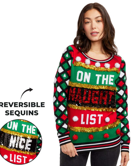 Women's Naughty or Nice Reversible Sequin Ugly Christmas Sweater