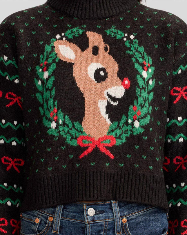 Women's Cozy Knit Rudolph Wreath Cropped Christmas Sweater
