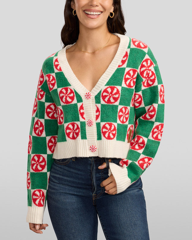 Women's Cozy Knit Checker Mint Cropped Christmas Cardigan Sweater