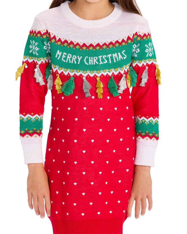 Girl's Merry Christmas Tassel Sweater Dress
