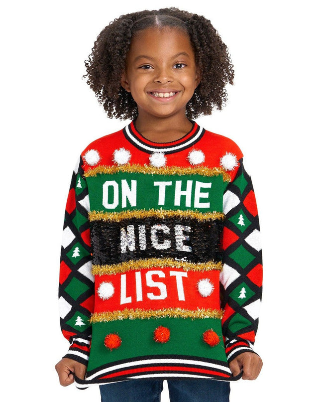 Girl's Naughty or Nice Reversible Sequin Ugly Christmas Sweater