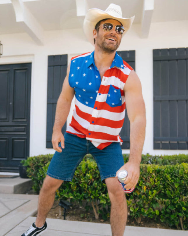 Men's Sleeveless Stripes Button Down Shirt