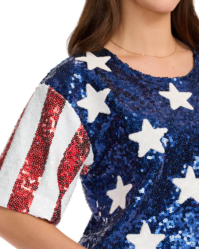 Women's Sequined Stars and Stripes Cropped Tee